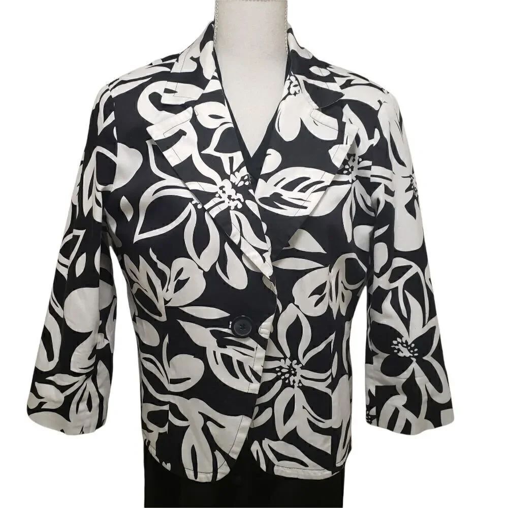 Patricr Christopher White Black Floral One Button Jacket Sz 14